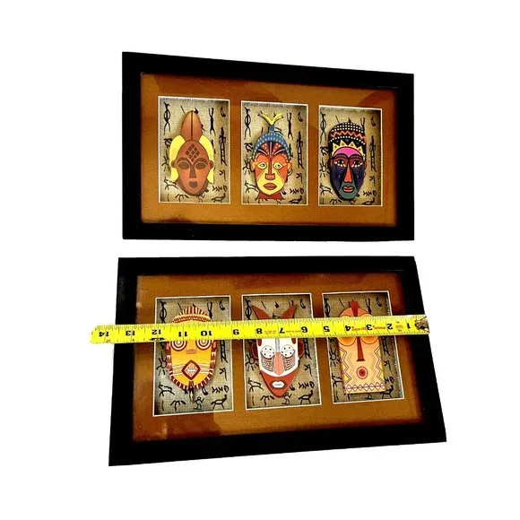 African Primitive Mask Mixed Media 3D Shadow Box 6 Pcs. Set 2 Black Wood Frame